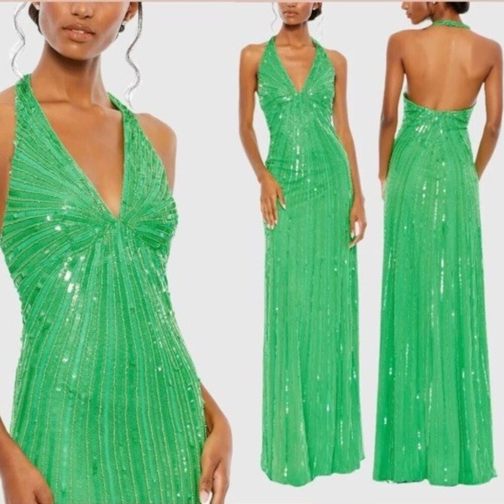 NWT Mac Duggal Size 14 Green 10898 Halter Neck Sequin Gown Dress Prom Formal NWT